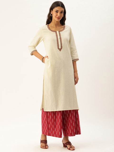 

AMUKTI Women Off-White Yoke Design Embroidered Straight Kurta