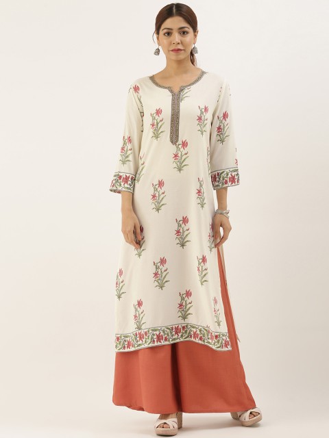 

AMUKTI Women Off-White & Green Floral Printed Straight Kurta