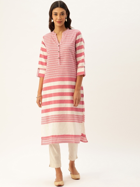 

AMUKTI Women Pink & Off-White Striped Straight Kurta