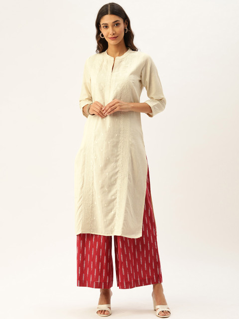 

AMUKTI Women Off-White Embroidered Straight Kurta