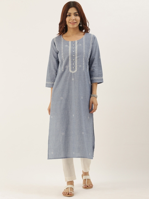 

AMUKTI Women Blue & White Embroidered Straight Kurta