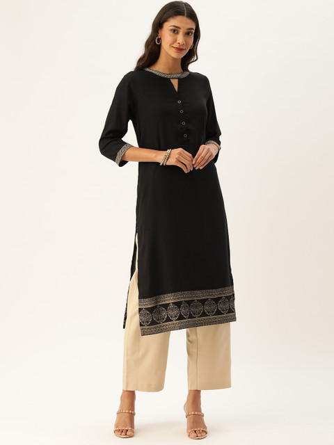 

AMUKTI Women Black Solid Straight Kurta with Embroidered Detail