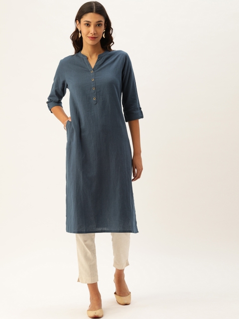 

AMUKTI Women Navy Blue Solid Straight Kurta