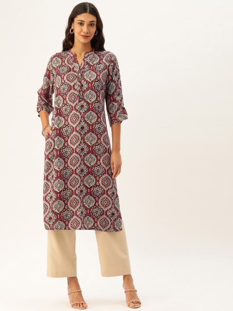 

AMUKTI Women Red & Blue Printed Straight Kurta