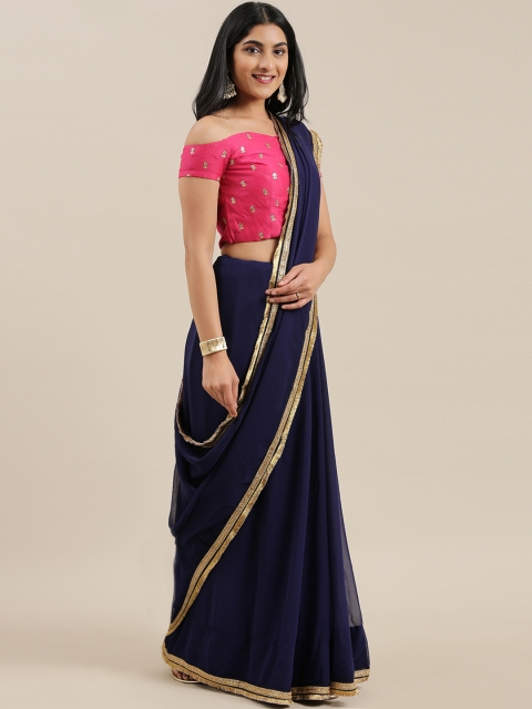 

EthnoVogue Navy Blue Solid Poly Georgette Saree