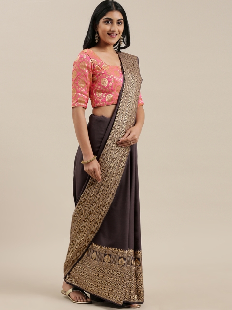 

EthnoVogue Brown Solid Viscose Rayon Made to Measure Saree