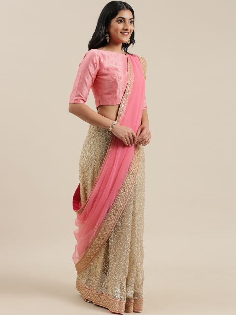 

EthnoVogue Pink & Golden Net Embellished Made To Measure Half and Half Saree