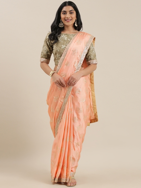 

EthnoVogue Peach-Coloured & Gold-Toned Poly Georgette Printed Saree