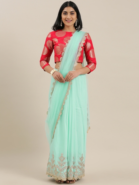 

EthnoVogue Turquoise Blue Embroidered Made To Measure Saree