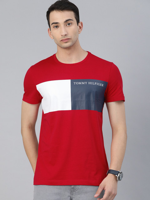 

Tommy Hilfiger Men Red Colourblocked Pure Cotton Round Neck T-shirt