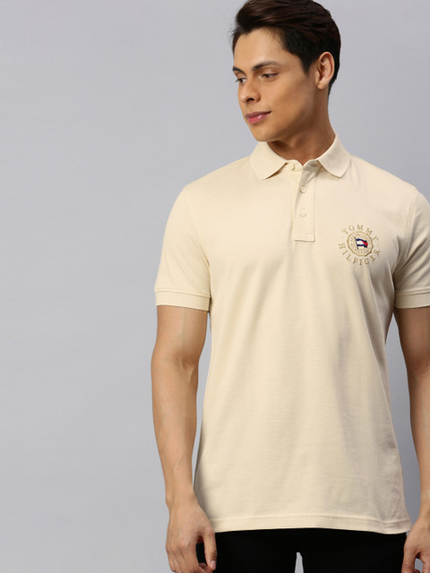

Tommy Hilfiger Men Beige Printed Polo Collar Pure Cotton T-shirt