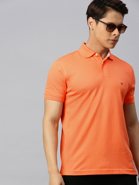 

Tommy Hilfiger Men Coral Orange Solid Polo Collar T-shirt
