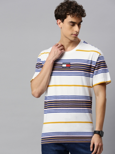 

Tommy Hilfiger Men White Navy Blue Striped Round Neck Organic Cotton T-shirt