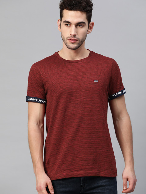 

Tommy Hilfiger Men Maroon & Black Organic Cotton Striped Round Neck T-shirt