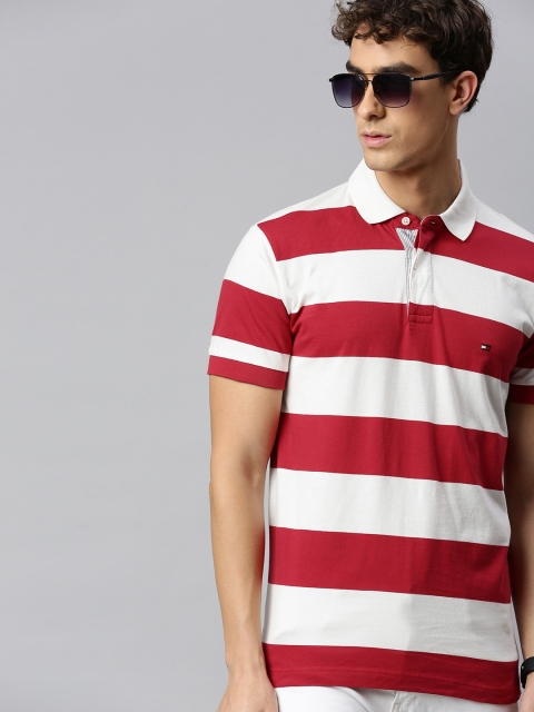 

Tommy Hilfiger Men White & Red Striped Pure Cotton Polo Collar T-shirt