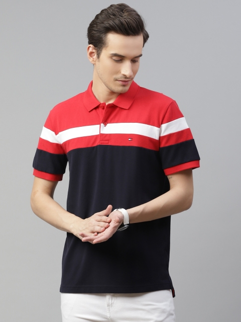 

Tommy Hilfiger Men Navy Blue & Red Pure Cotton Colourblocked Polo Collar T-shirt