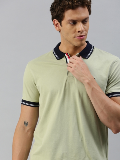 

Tommy Hilfiger Men Green Self-Design WCC BADGE TIPPED Polo Collar Pure Cotton T-shirt