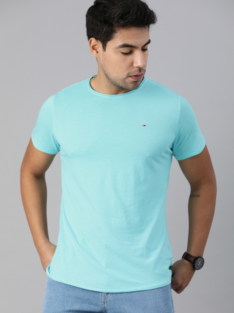 

Tommy Hilfiger Men Turquoise Blue Slim Fit Solid Round Neck T-shirt