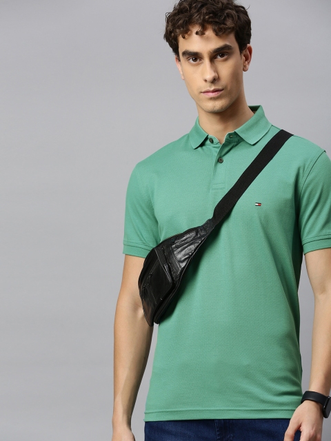 

Tommy Hilfiger Men Green Solid Polo Collar Pure Cotton T-shirt