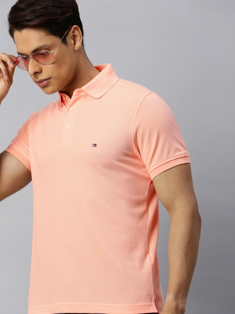 

Tommy Hilfiger Men Peach-Coloured Solid Polo Collar Slim Fit T-shirt