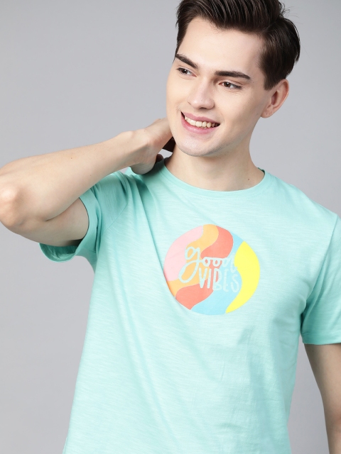 

Mast & Harbour Men Turquoise Blue Typography Printed Pure Cotton Handcrafted T-shirt