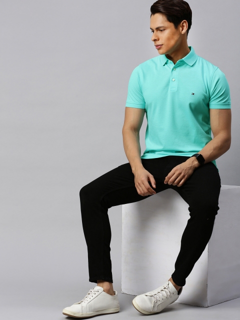 

Tommy Hilfiger Men Sea Green Solid Slim Fit Polo Collar T-shirt