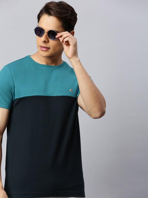 

Tommy Hilfiger Men Teal Blue Black Colourblocked Round Neck Pure Cotton T-shirt