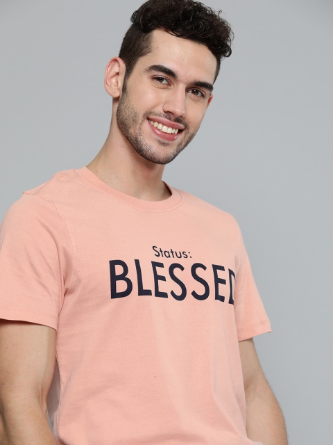 

Mast & Harbour Men Peach-Coloured & Navy Blue Pure Cotton Printed Round Neck T-shirt