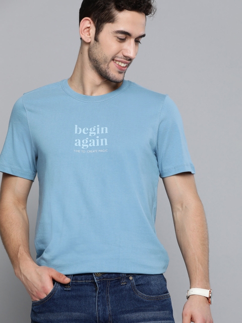 

Mast & Harbour Men Blue Pure Cotton Solid Round Neck T-shirt
