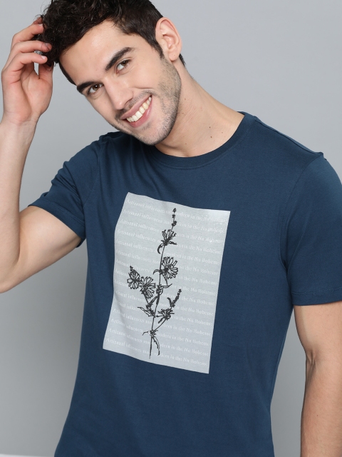

Mast & Harbour Men Teal Blue & Off-White Printed Cotton Round Neck T-shirt