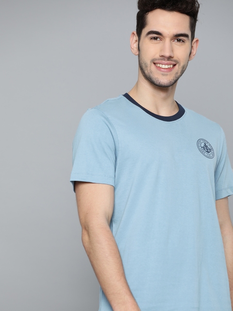 

Mast & Harbour Men Blue Solid Pure Cotton Round Neck T-shirt