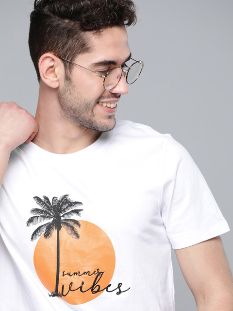 

Mast & Harbour Men White & Orange Pure Cotton Printed Round Neck T-shirt