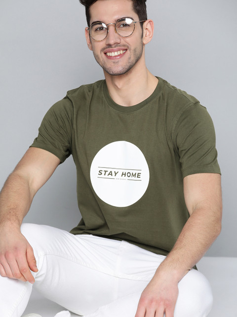 

Mast & Harbour Men Olive Green & White Pure Cotton Printed Round Neck T-shirt
