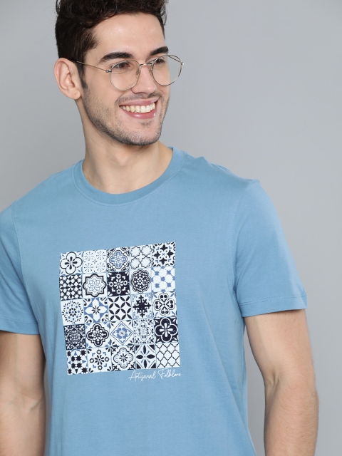 

Mast & Harbour Men Blue Pure Cotton Ethnic Motifs Print Round Neck T-shirt