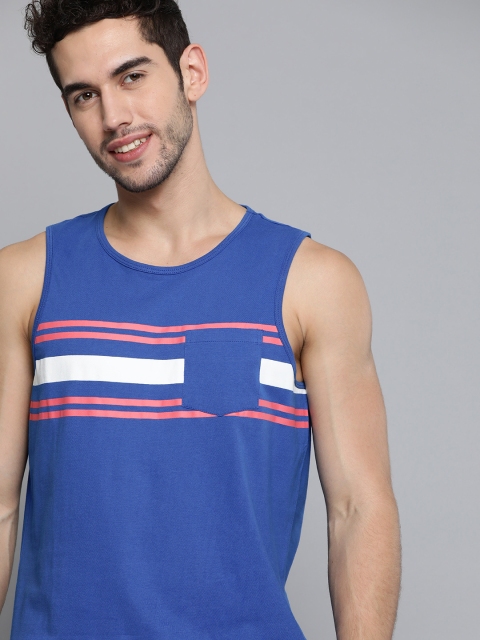 

Mast & Harbour Men Blue & Pink Pure Cotton Striped Round Neck T-shirt