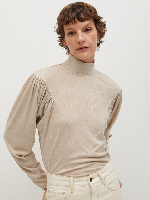 

MANGO Women Beige Self-Striped Top