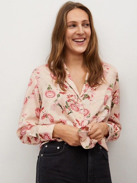 

MANGO Women Beige & Pink Satin Finish Regular Fit Floral Printed Casual Shirt