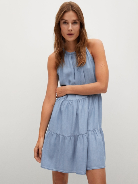 

MANGO Women Blue Solid Tiered Chambray A-Line Dress