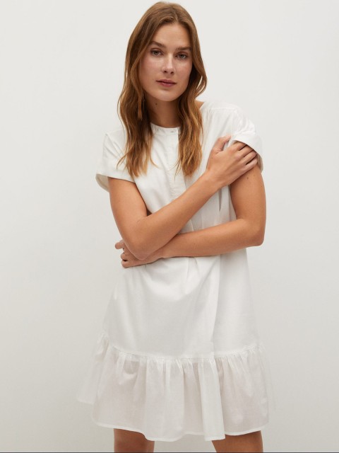

MANGO Women White Solid Pure Cotton Drop-Waist Dress