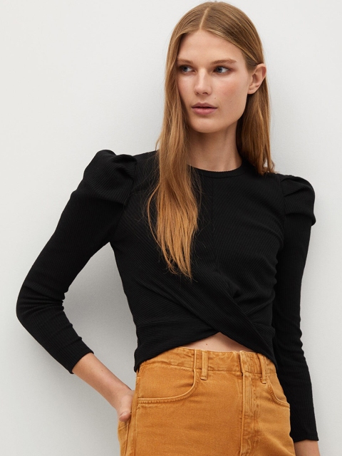 

MANGO Women Black Sustainable Ribbed Crop Twisted Top