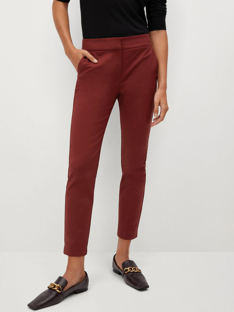 

MANGO Women Maroon Slim Fit Solid Cropped Sustainable Regular Trousers