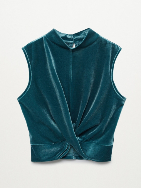 

Mango Kids Girls Teal Green Solid Velvet Finish Twisted Top