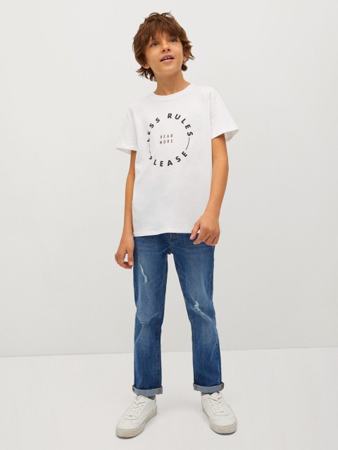 

Mango Kids Boys White & Black Organic Cotton Printed Round Neck Sustainable T-shirt