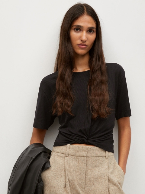 

MANGO Women Black Self-Striped Twisted Top