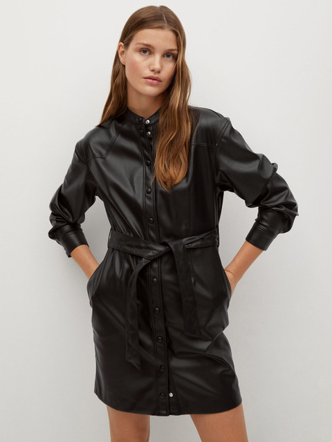 

MANGO Women Black Solid Shirt Dress with Belt