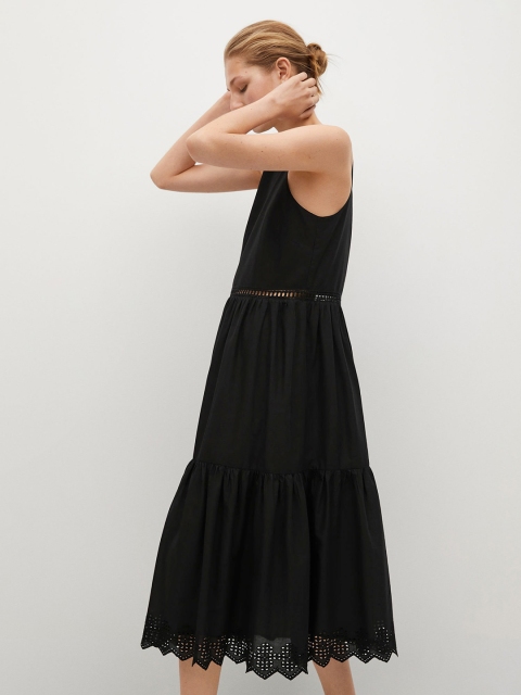 

MANGO Women Black Pure Cotton Schiffli Embroidered Detail A-Line Dress