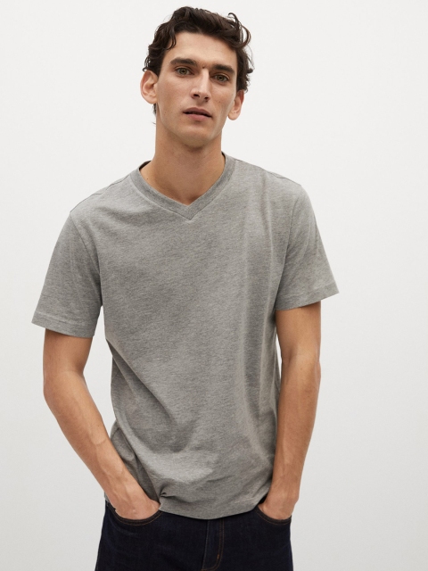 

MANGO MAN Grey Melange Solid Organic Cotton Sustainable V-Neck T-shirt