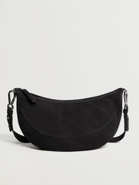 

MANGO Black Solid Leather Hobo Bag