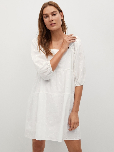 

MANGO Women White Pure Cotton Schiffli Embroidered Tiered A-Line Dress