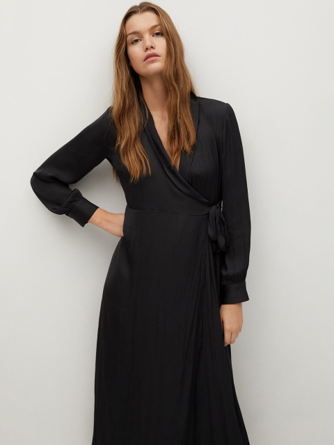 

MANGO Women Black Solid Satin Finish Midi Wrap Dress